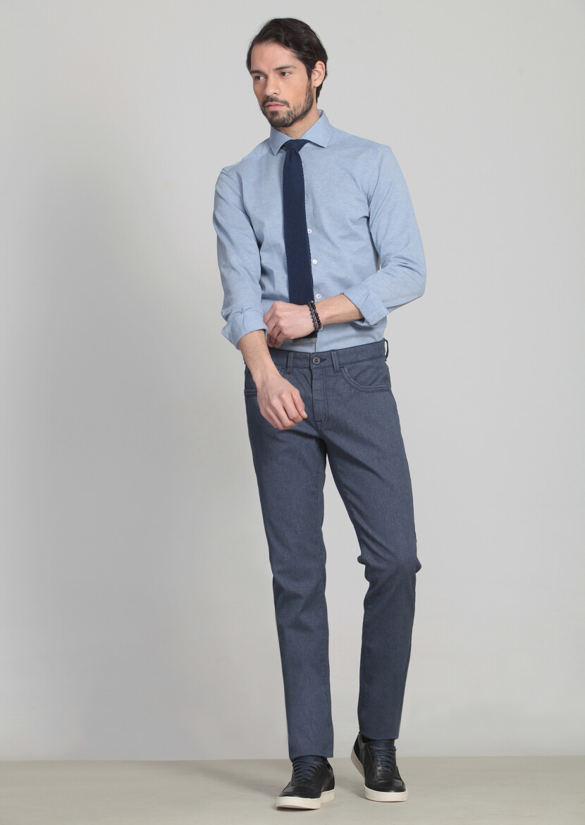 Navy Blue Weaving Slim Fit Casual Cotton Blended Trousers - 3