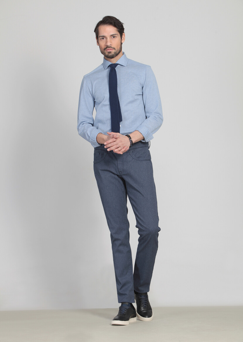 Navy Blue Weaving Slim Fit Casual Cotton Blended Trousers - 4