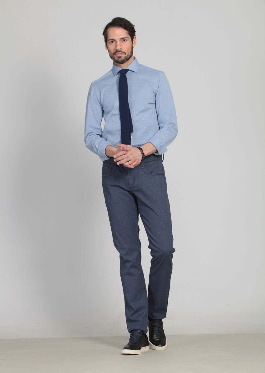 Navy Blue Weaving Slim Fit Casual Cotton Blended Trousers - 5