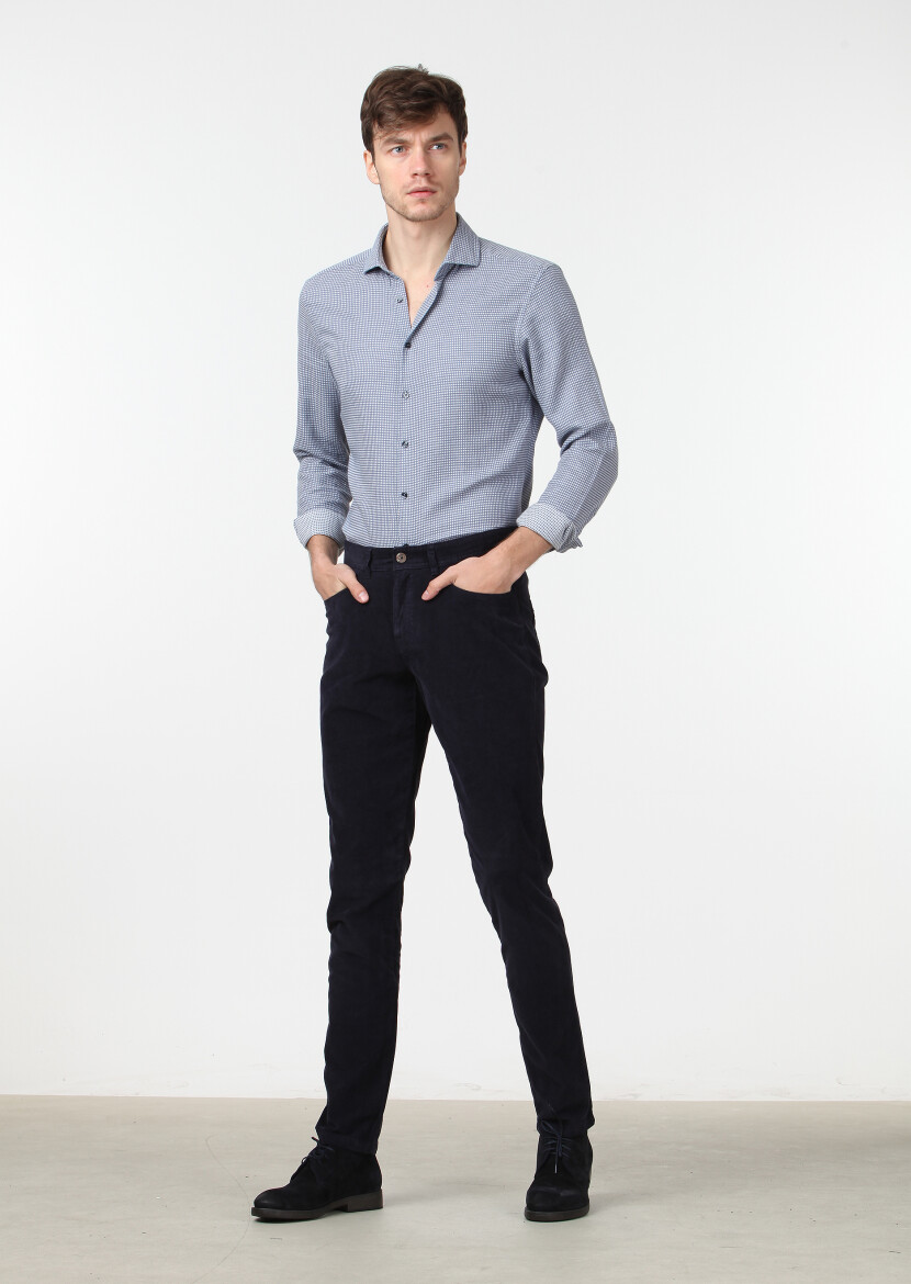 Navy Blue Weaving Slim Fit Casual Cotton Blended Trousers - 1