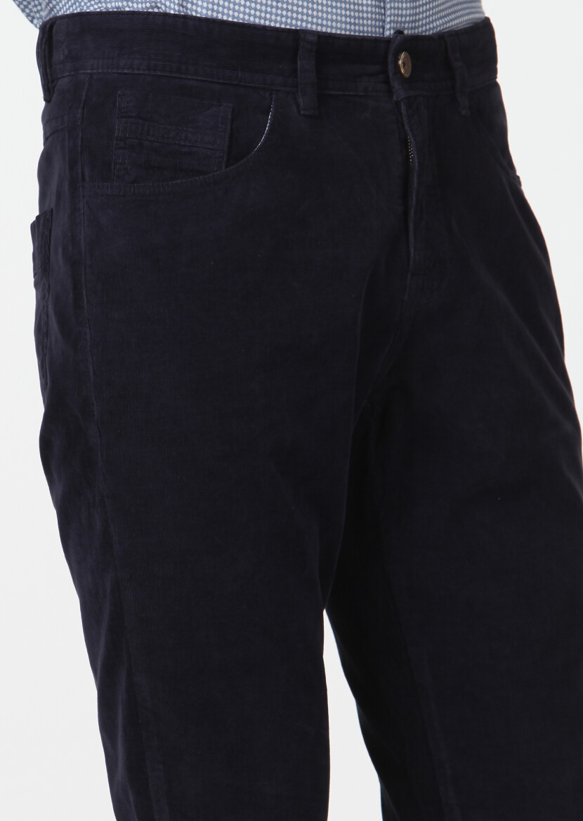Navy Blue Weaving Slim Fit Casual Cotton Blended Trousers - 2