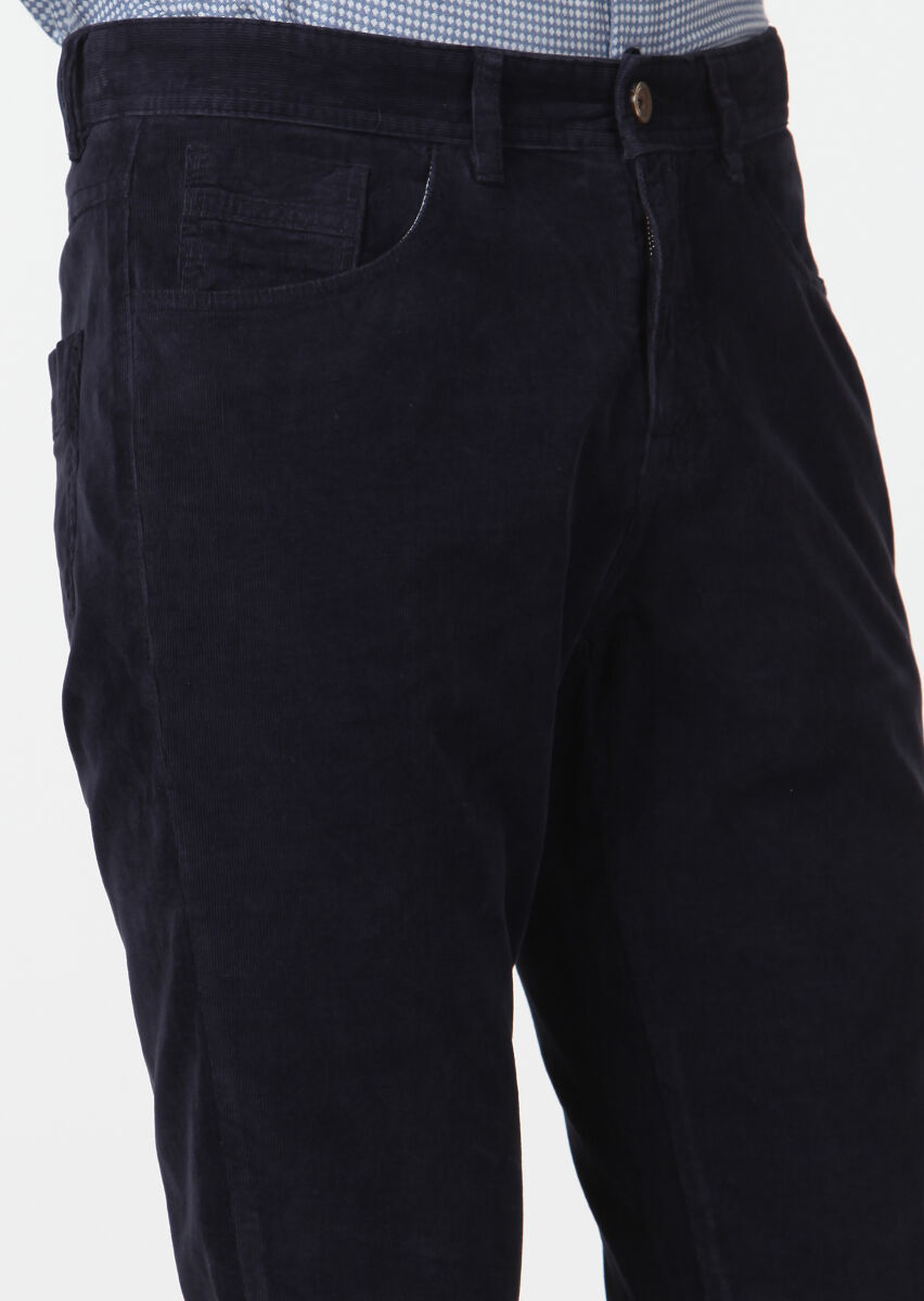 Navy Blue Weaving Slim Fit Casual Cotton Blended Trousers - 2