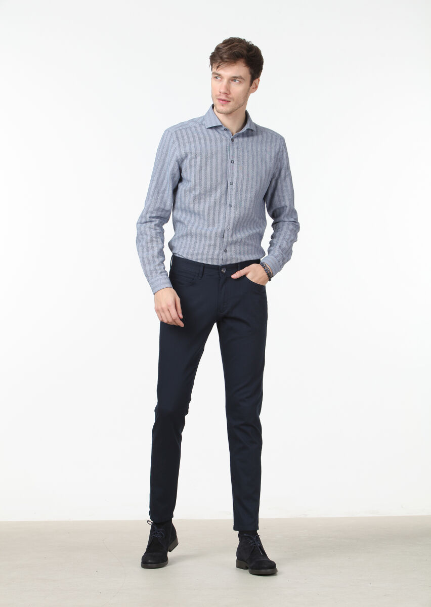 Navy Blue Weaving Slim Fit Casual Cotton Blended Trousers - 2