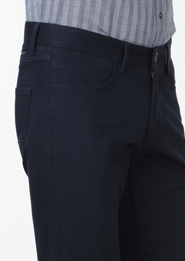Navy Blue Weaving Slim Fit Casual Cotton Blended Trousers - 3
