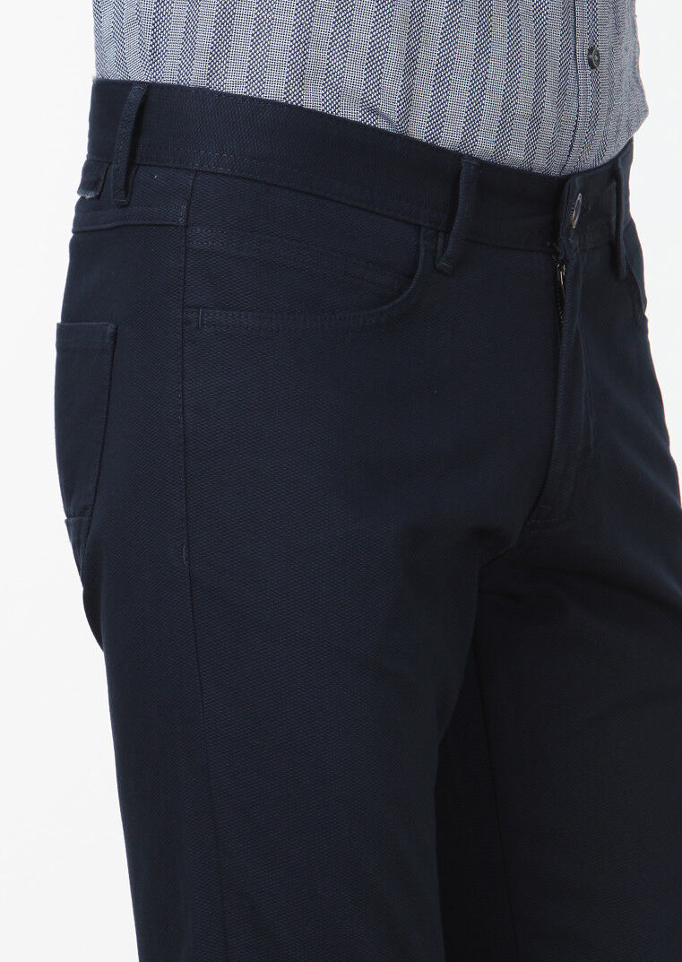 Navy Blue Weaving Slim Fit Casual Cotton Blended Trousers - 3