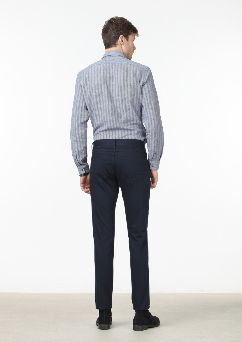 Navy Blue Weaving Slim Fit Casual Cotton Blended Trousers - 4