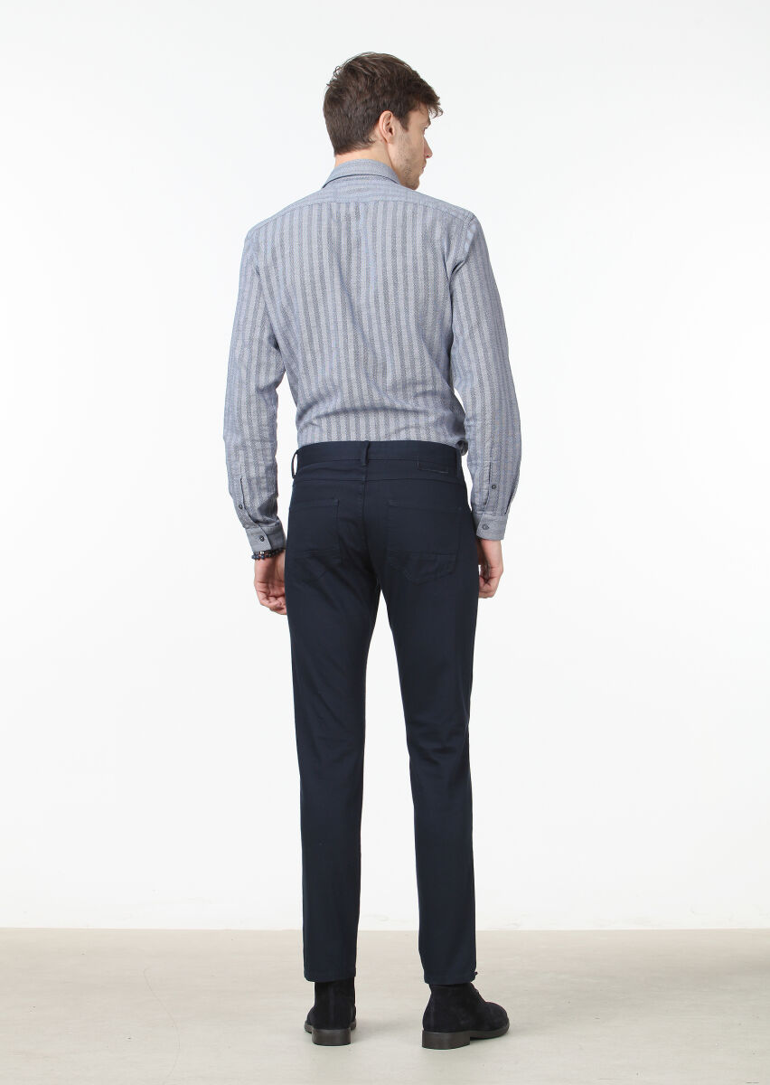 Navy Blue Weaving Slim Fit Casual Cotton Blended Trousers - 4