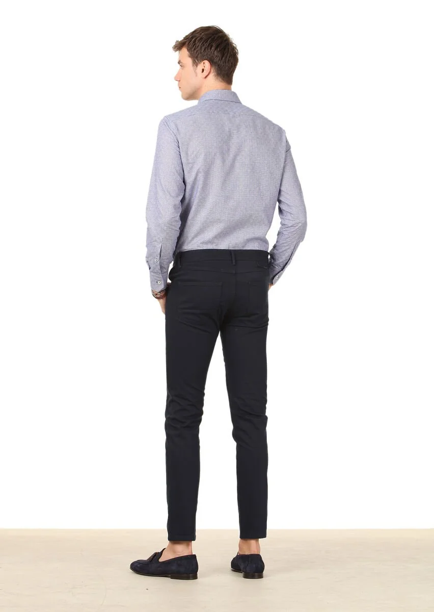 Navy Blue Weaving Slim Fit Casual Cotton Blended Trousers - 4