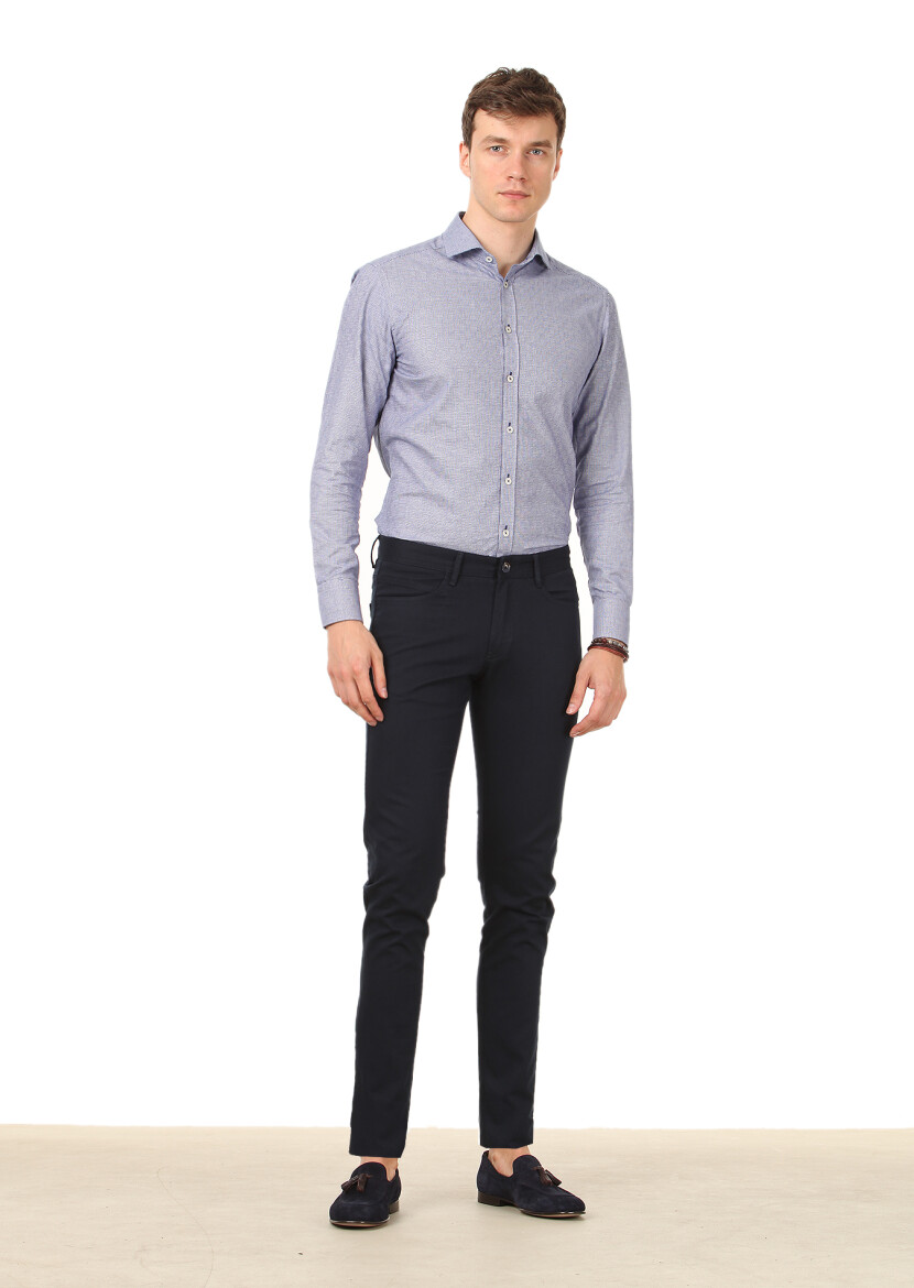 Navy Blue Weaving Slim Fit Casual Cotton Blended Trousers - 1