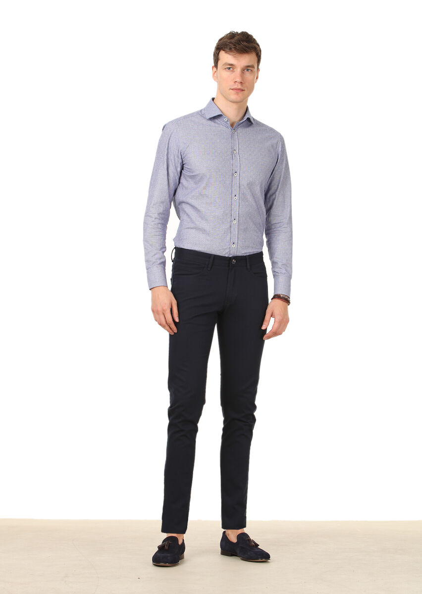 Navy Blue Weaving Slim Fit Casual Cotton Blended Trousers - 1