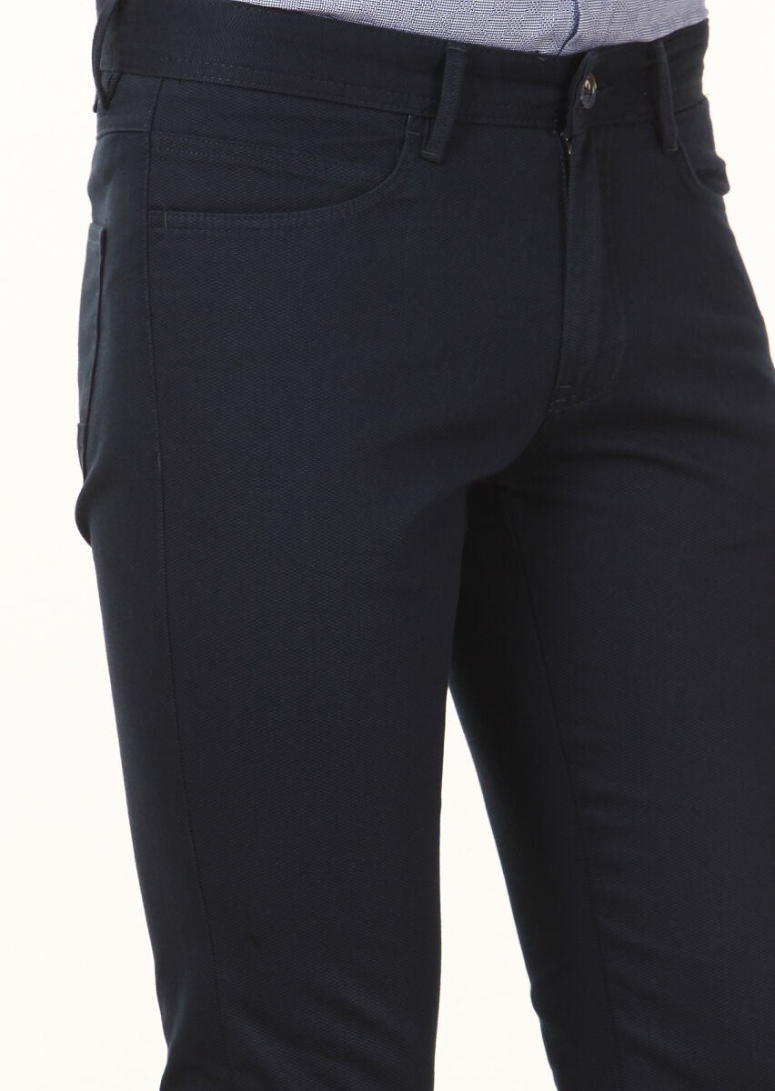 Navy Blue Weaving Slim Fit Casual Cotton Blended Trousers - 3