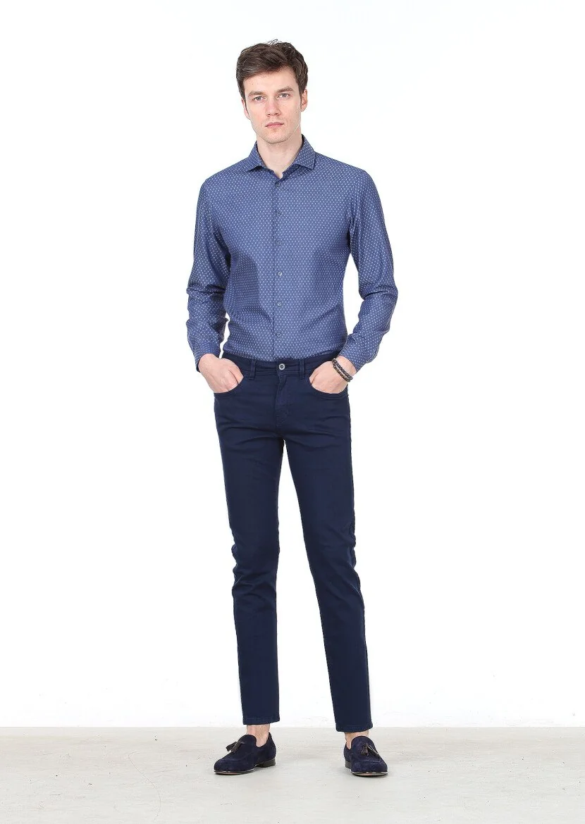 Navy Blue Weaving Slim Fit Casual Cotton Blended Trousers 