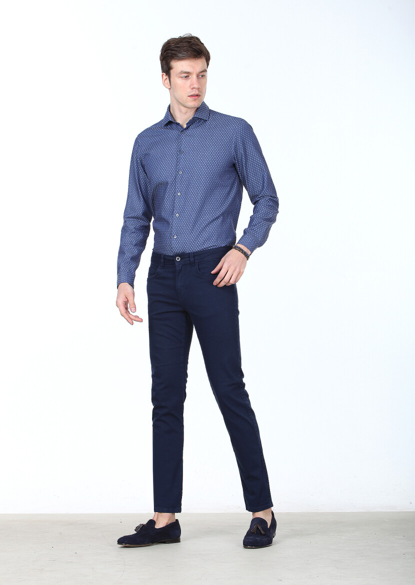 Navy Blue Weaving Slim Fit Casual Cotton Blended Trousers - 1