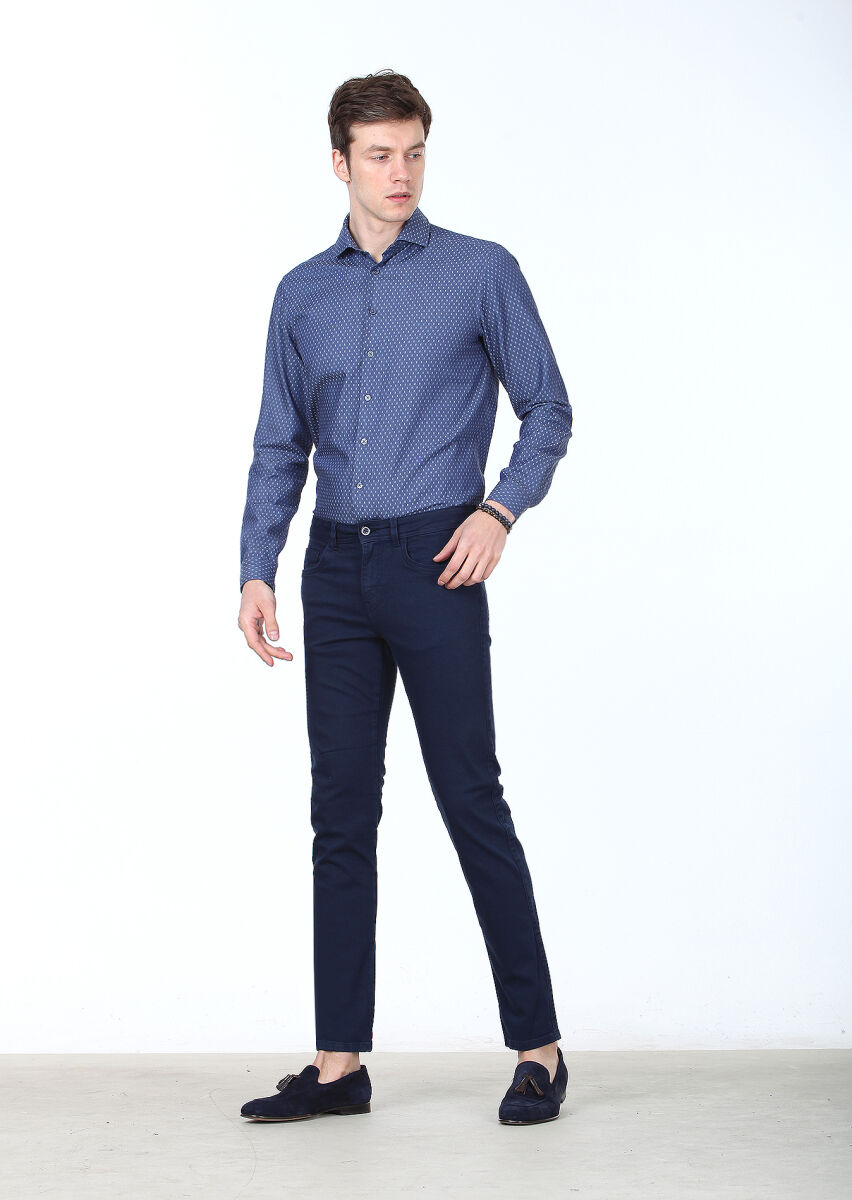 Navy Blue Weaving Slim Fit Casual Cotton Blended Trousers - 1