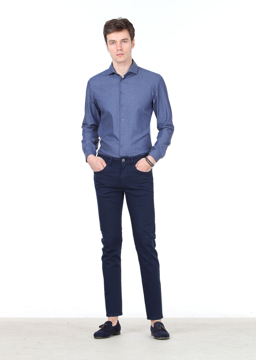 Navy Blue Weaving Slim Fit Casual Cotton Blended Trousers - 2