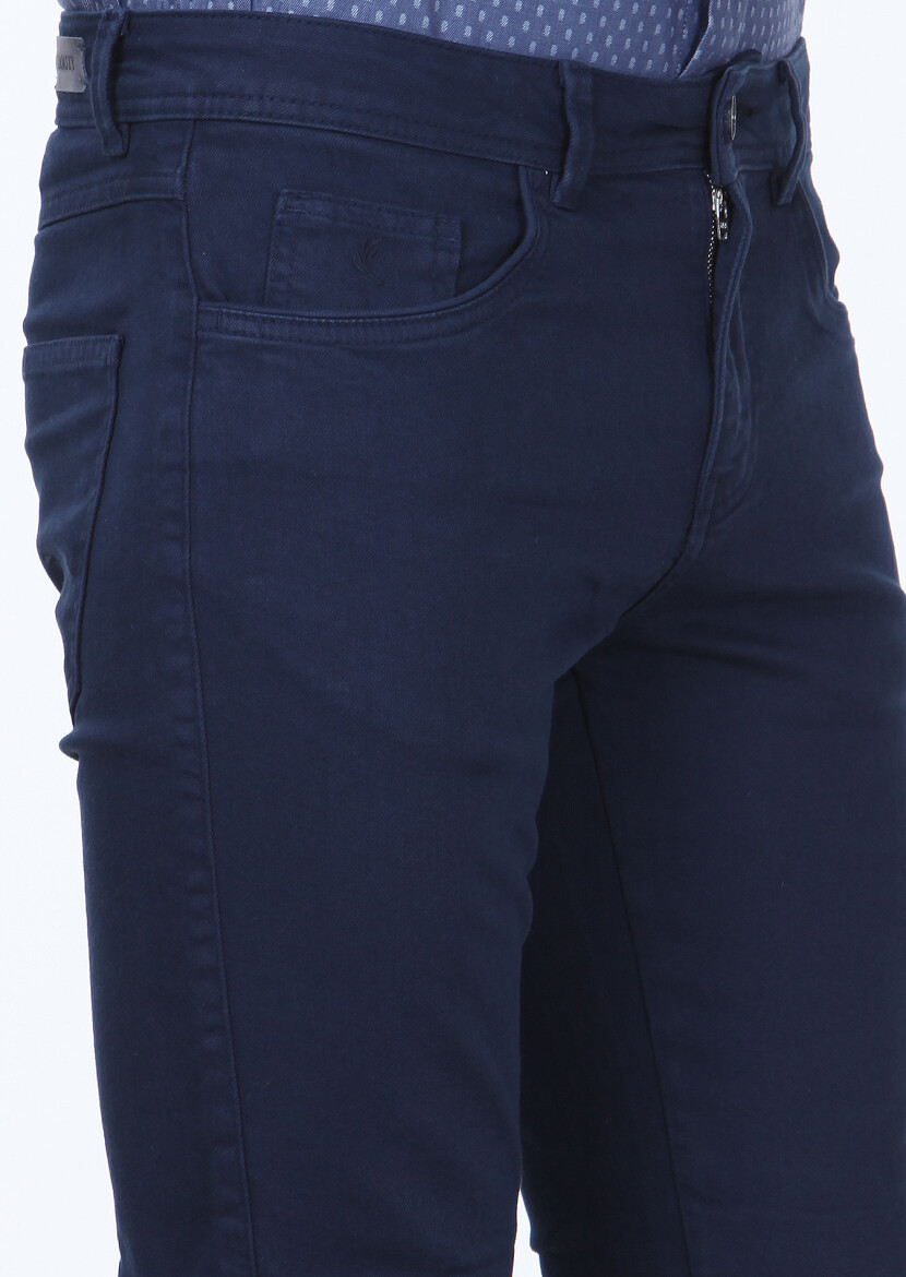 Navy Blue Weaving Slim Fit Casual Cotton Blended Trousers - 3
