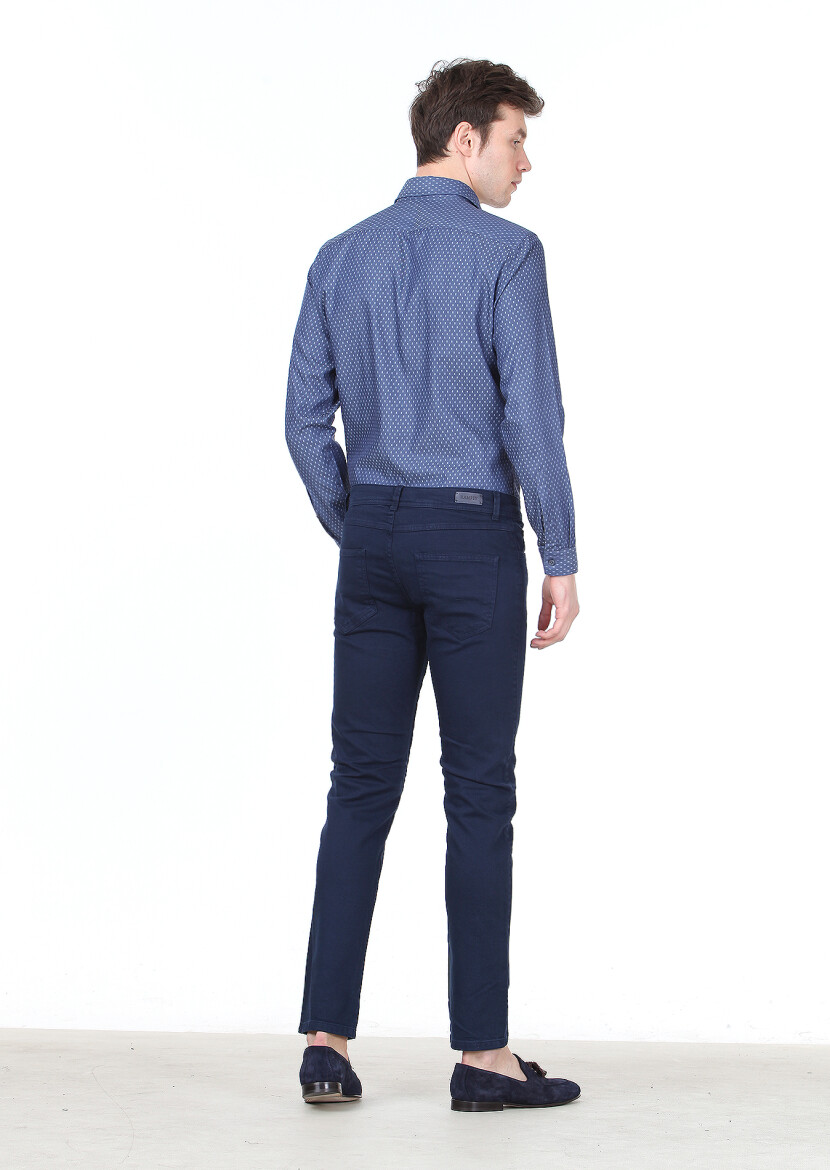 Navy Blue Weaving Slim Fit Casual Cotton Blended Trousers - 4