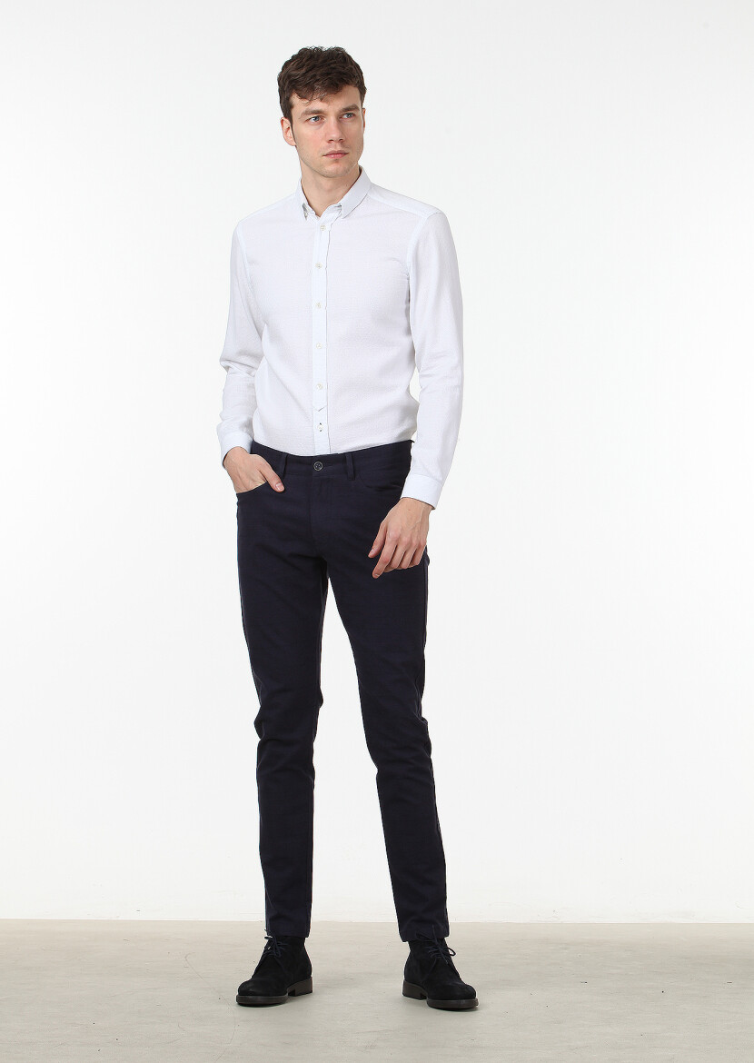 Navy Blue Weaving Slim Fit Casual Cotton Blended Trousers - 2