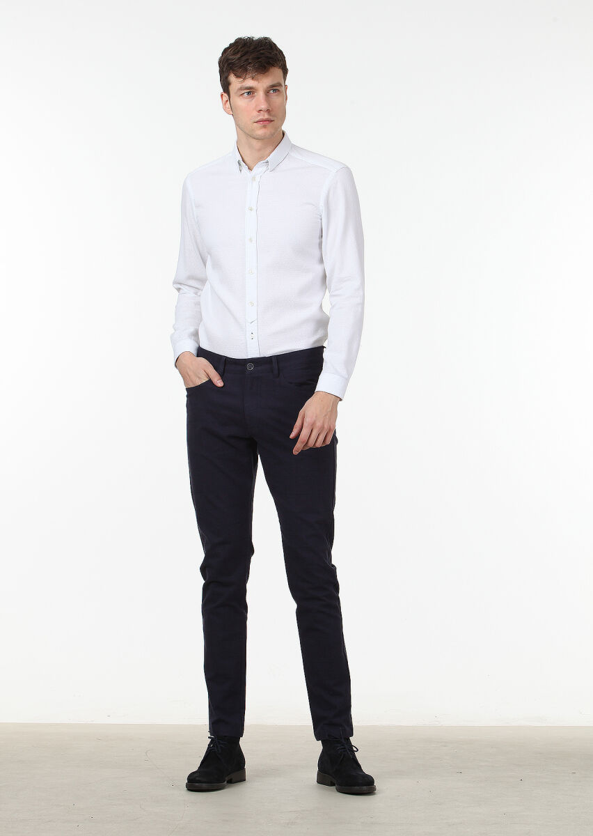 Navy Blue Weaving Slim Fit Casual Cotton Blended Trousers - 2