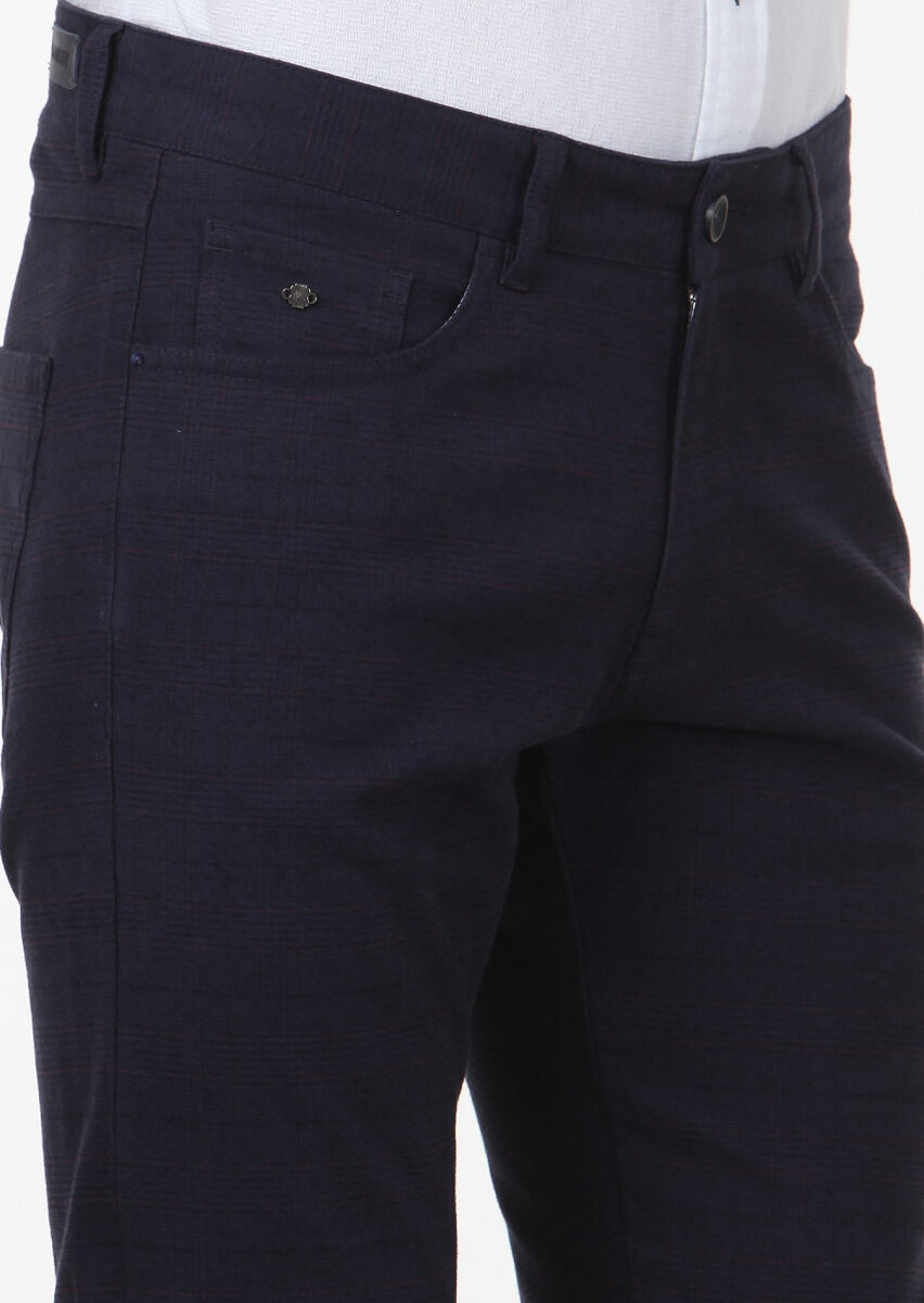 Navy Blue Weaving Slim Fit Casual Cotton Blended Trousers - 3