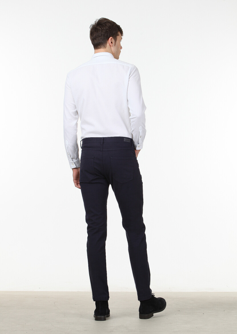 Navy Blue Weaving Slim Fit Casual Cotton Blended Trousers - 4