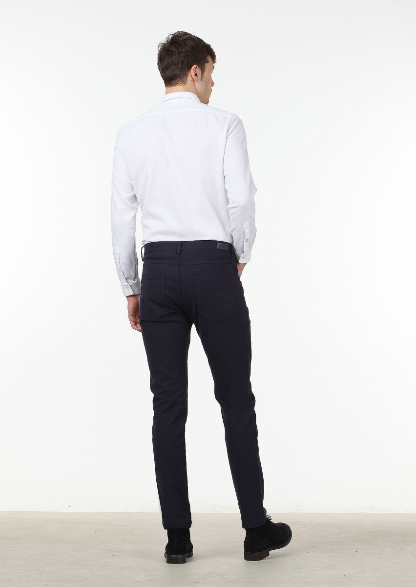 Navy Blue Weaving Slim Fit Casual Cotton Blended Trousers - 4