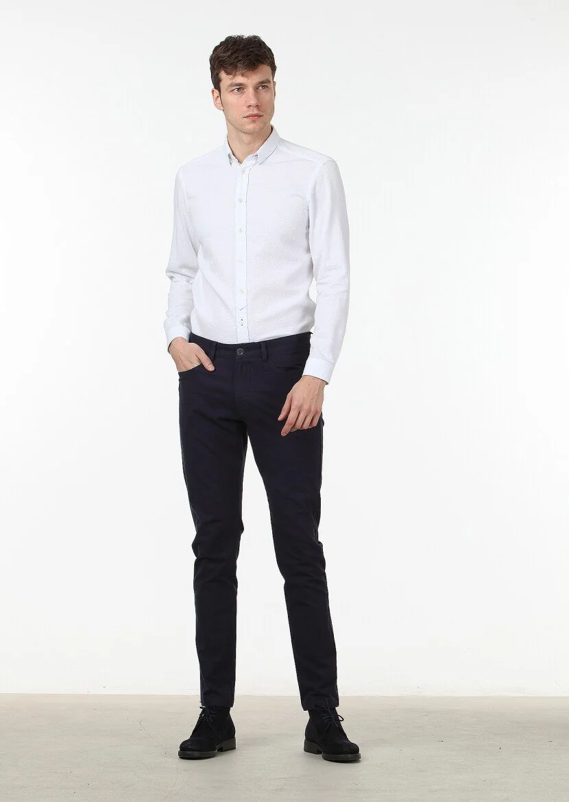 Navy Blue Weaving Slim Fit Casual Cotton Blended Trousers - 2