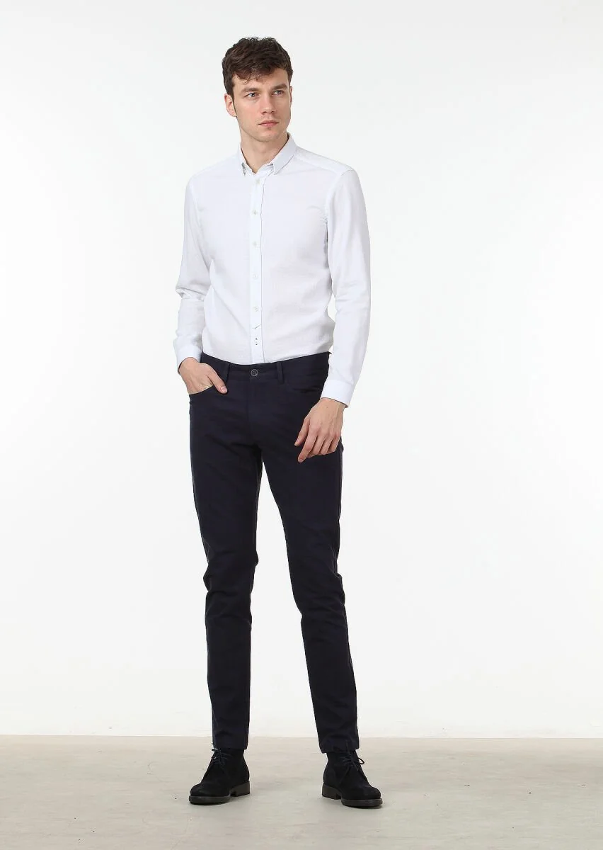 Navy Blue Weaving Slim Fit Casual Cotton Blended Trousers - 2