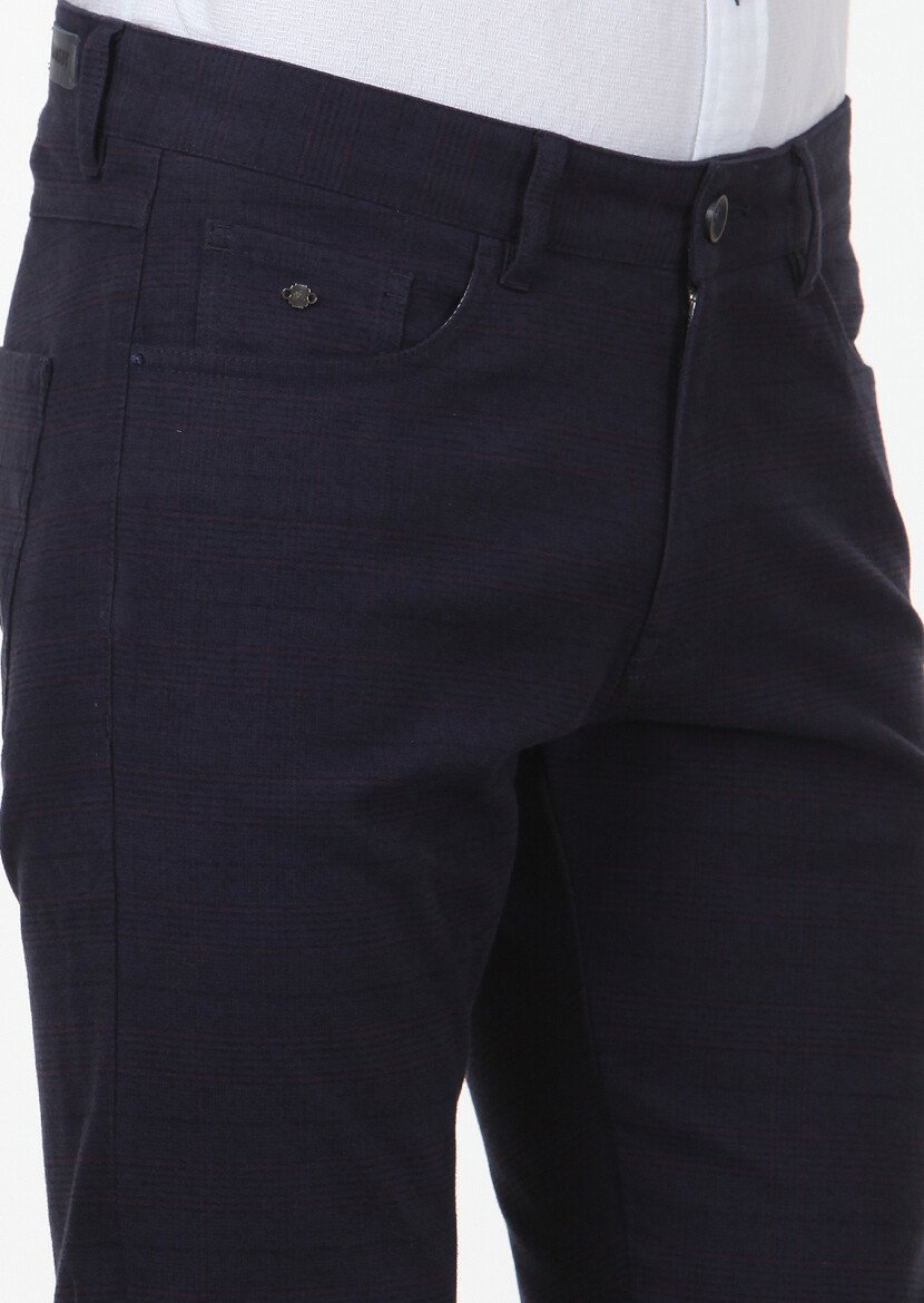 Navy Blue Weaving Slim Fit Casual Cotton Blended Trousers - 3