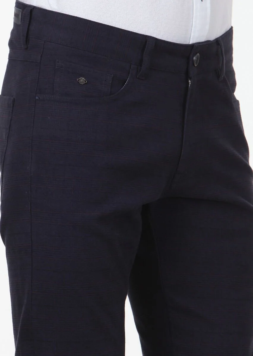 Navy Blue Weaving Slim Fit Casual Cotton Blended Trousers - 3