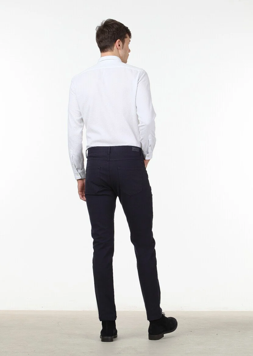 Navy Blue Weaving Slim Fit Casual Cotton Blended Trousers - 4