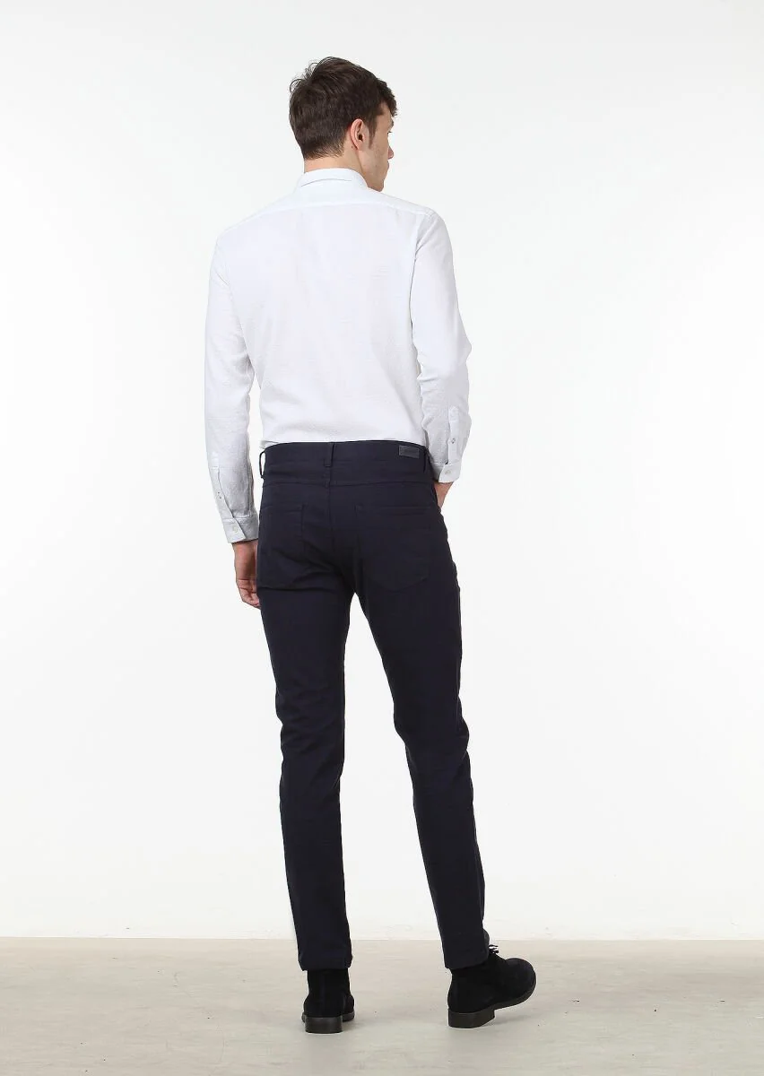 Navy Blue Weaving Slim Fit Casual Cotton Blended Trousers - 4