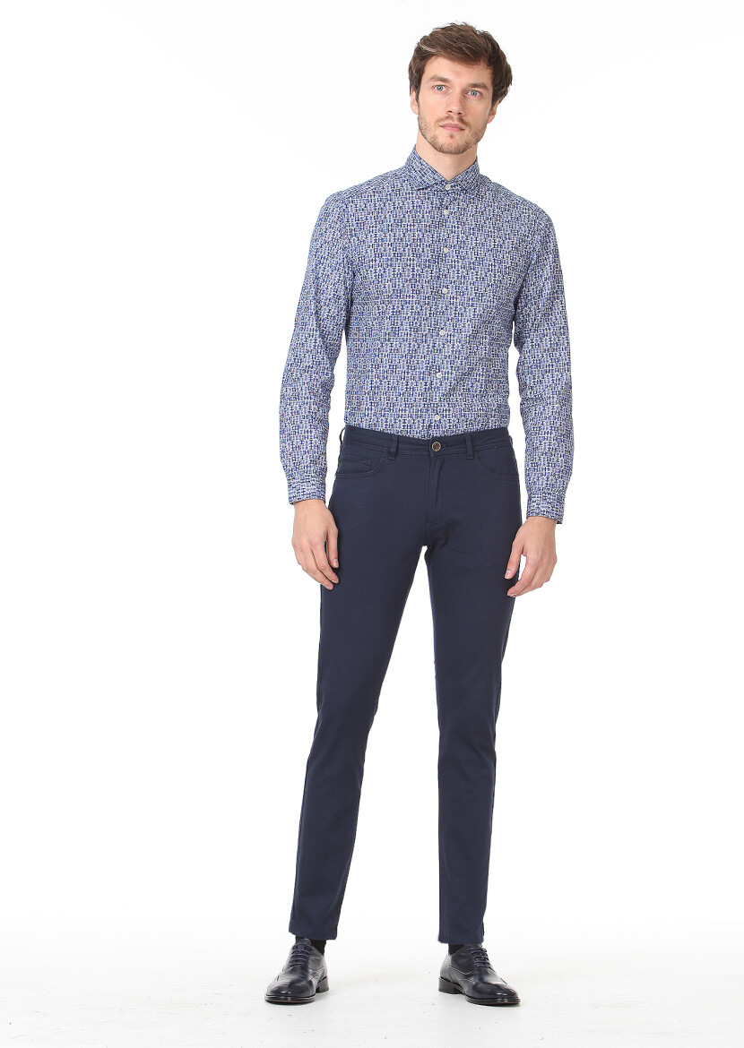 Navy Blue Weaving Slim Fit Casual Cotton Blended Trousers 