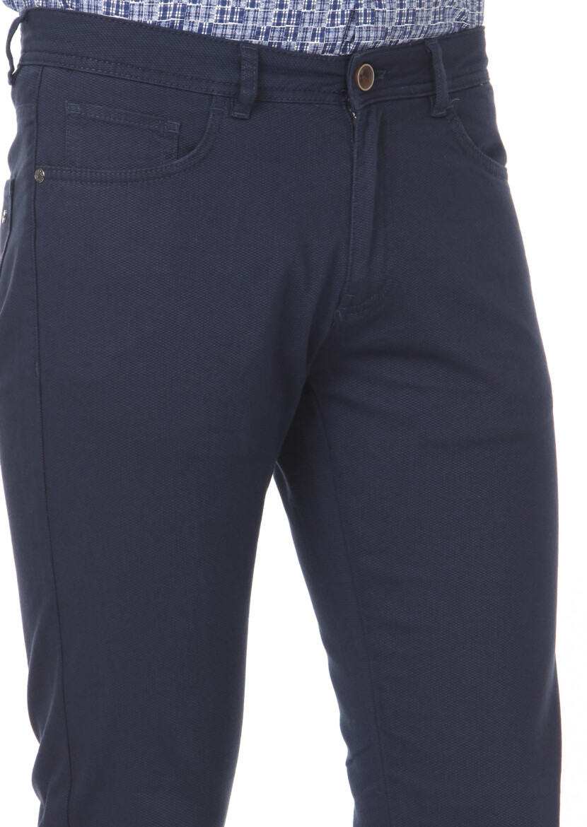 Navy Blue Weaving Slim Fit Casual Cotton Blended Trousers - 3