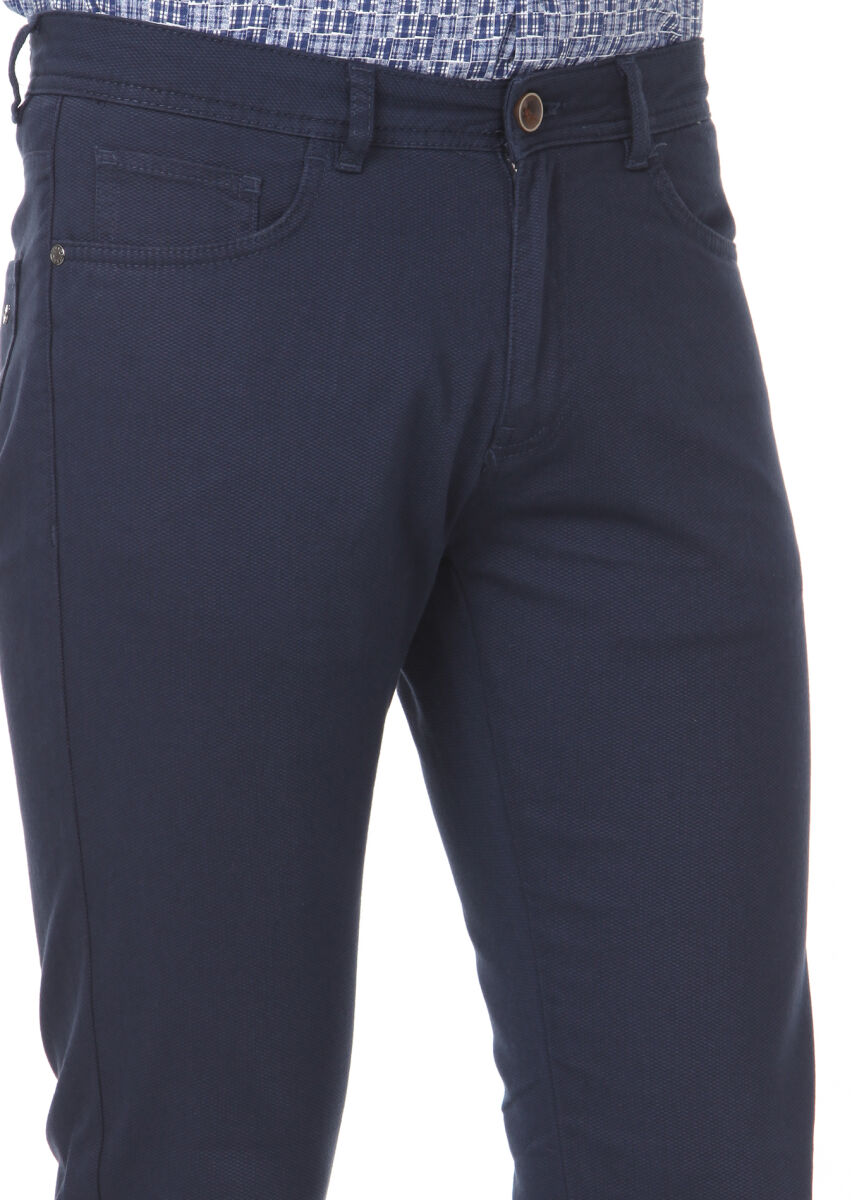 Navy Blue Weaving Slim Fit Casual Cotton Blended Trousers - 3