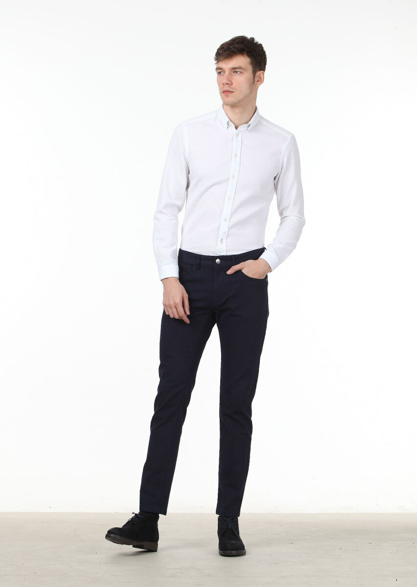 Navy Blue Weaving Slim Fit Casual Cotton Blended Trousers - 1