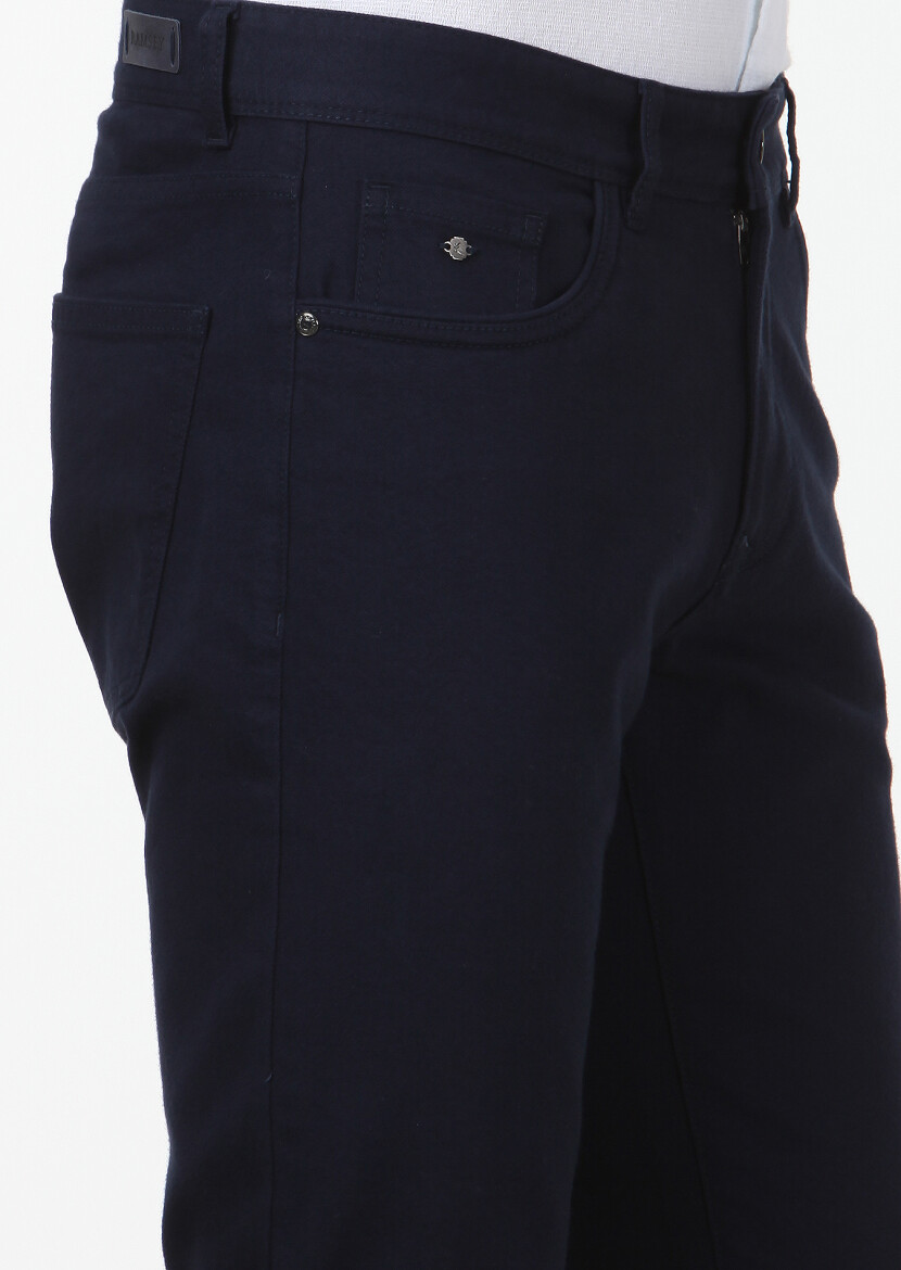 Navy Blue Weaving Slim Fit Casual Cotton Blended Trousers - 3