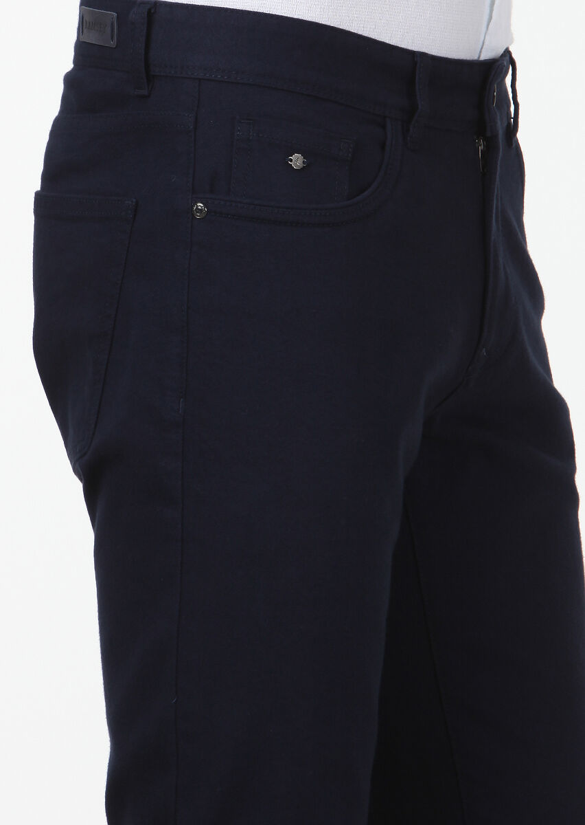 Navy Blue Weaving Slim Fit Casual Cotton Blended Trousers - 3