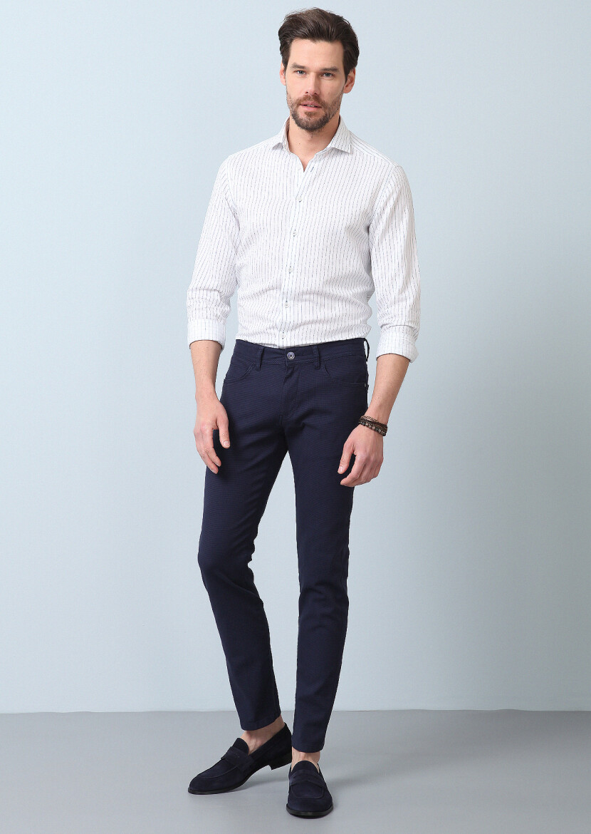 Navy Blue Weaving Slim Fit Casual Cotton Blended Trousers - 2