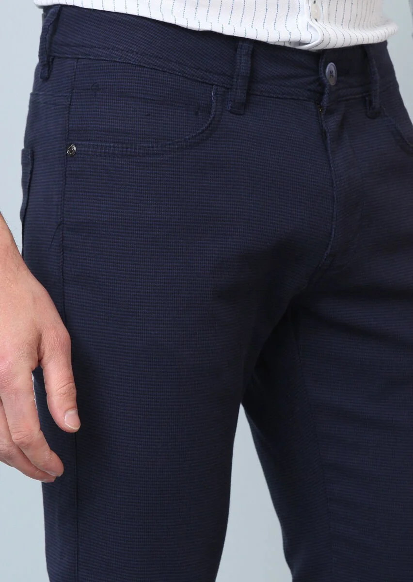 Navy Blue Weaving Slim Fit Casual Cotton Blended Trousers - 1