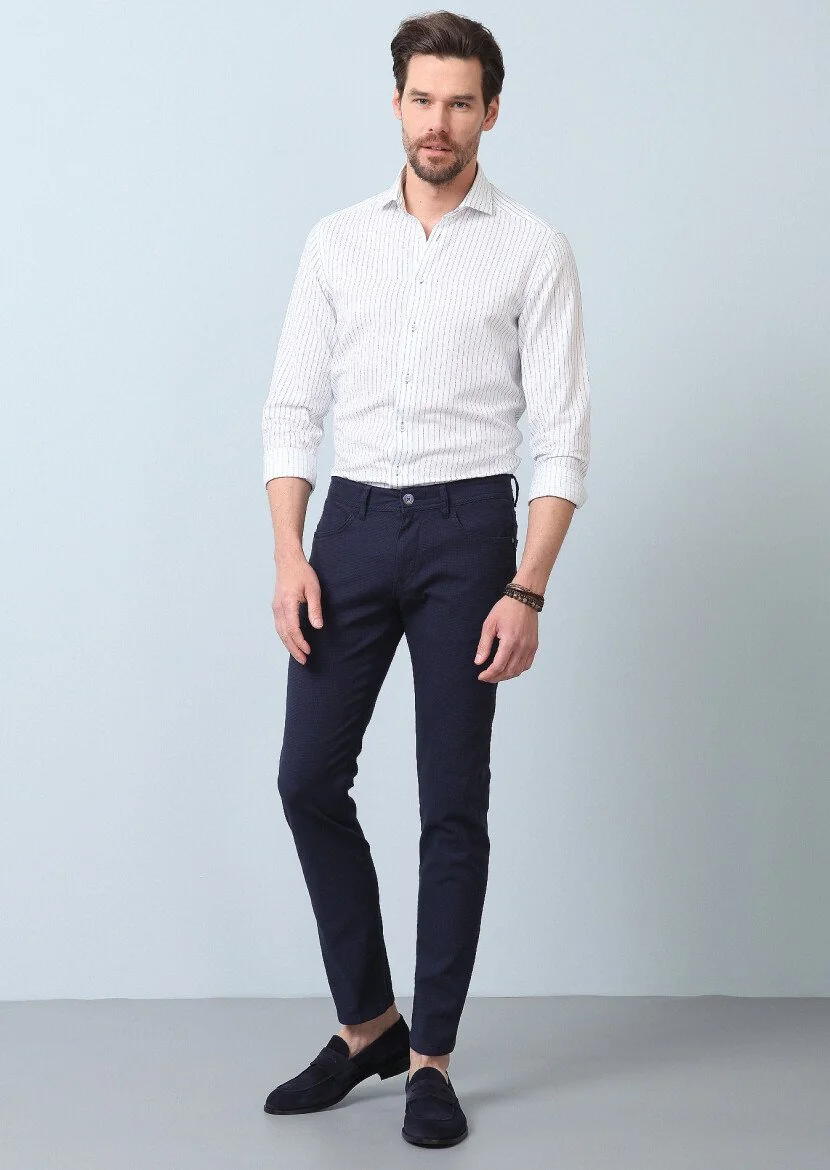 Navy Blue Weaving Slim Fit Casual Cotton Blended Trousers - 2