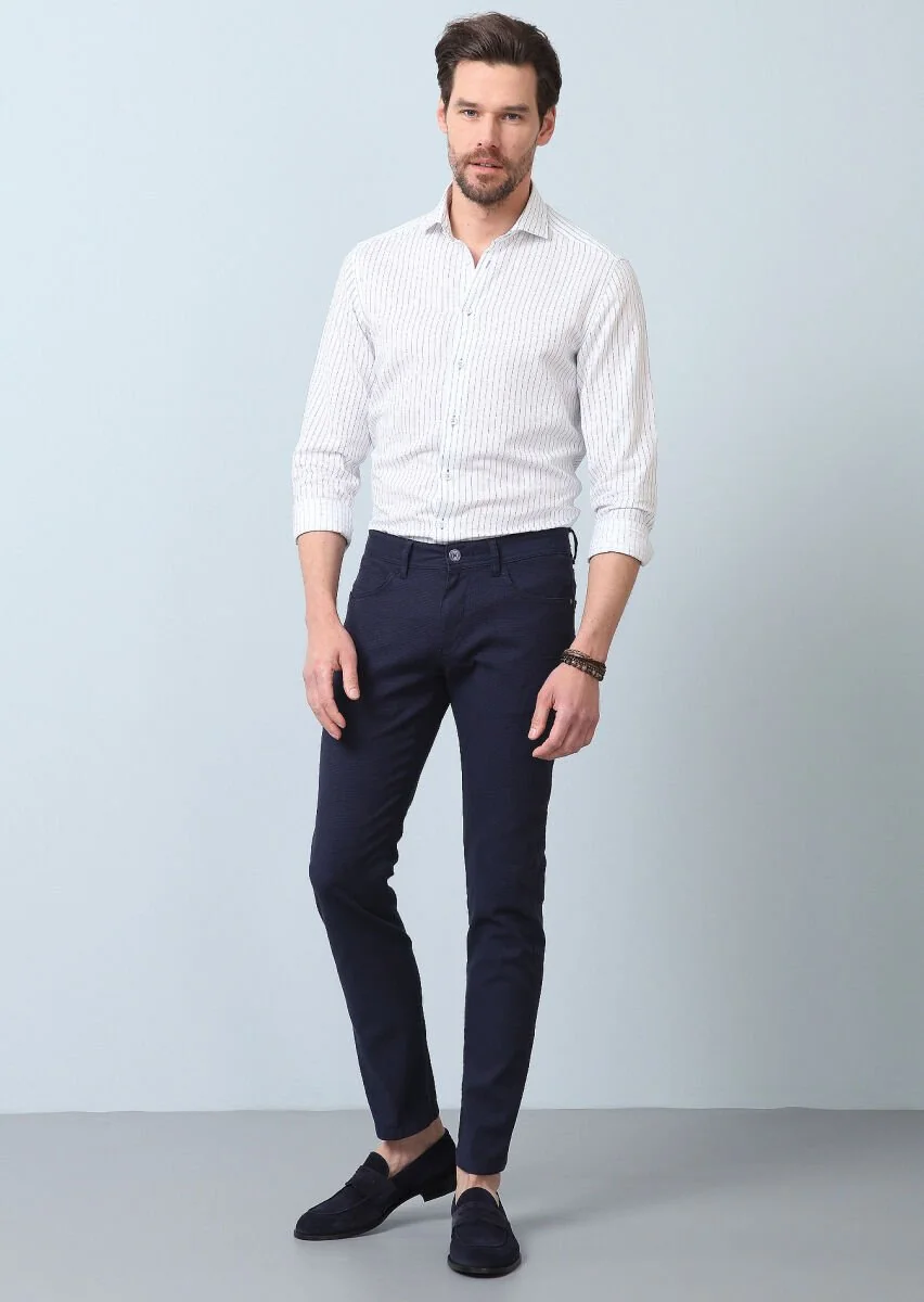 Navy Blue Weaving Slim Fit Casual Cotton Blended Trousers - 2
