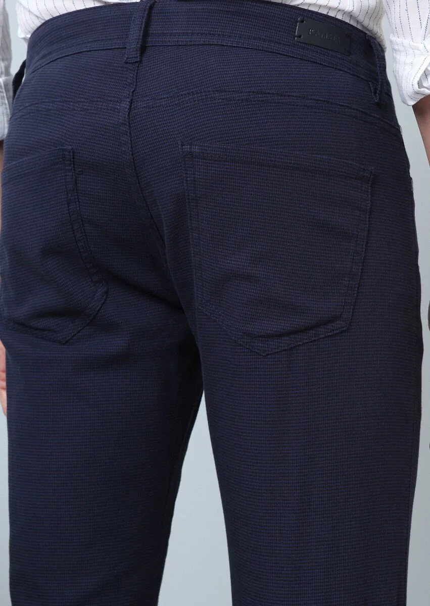 Navy Blue Weaving Slim Fit Casual Cotton Blended Trousers - 3