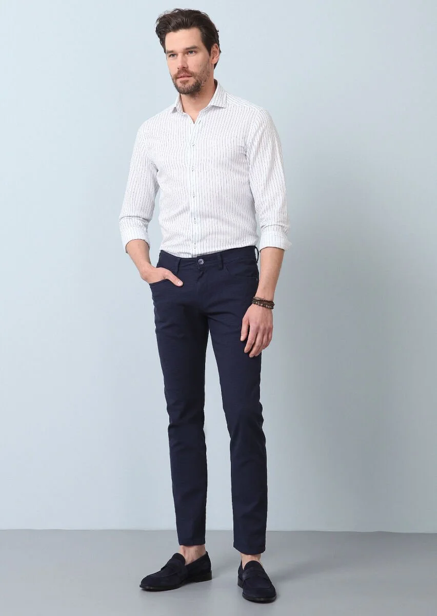 Navy Blue Weaving Slim Fit Casual Cotton Blended Trousers - 4
