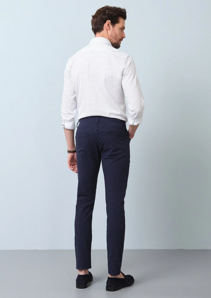 Navy Blue Weaving Slim Fit Casual Cotton Blended Trousers - 5