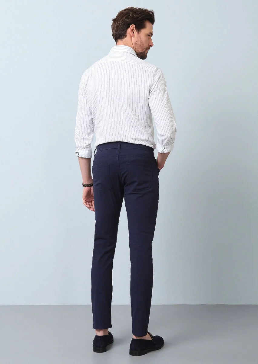 Navy Blue Weaving Slim Fit Casual Cotton Blended Trousers - 5