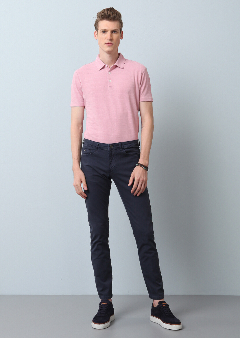 Navy Blue Weaving Slim Fit Casual Cotton Blended Trousers - 1