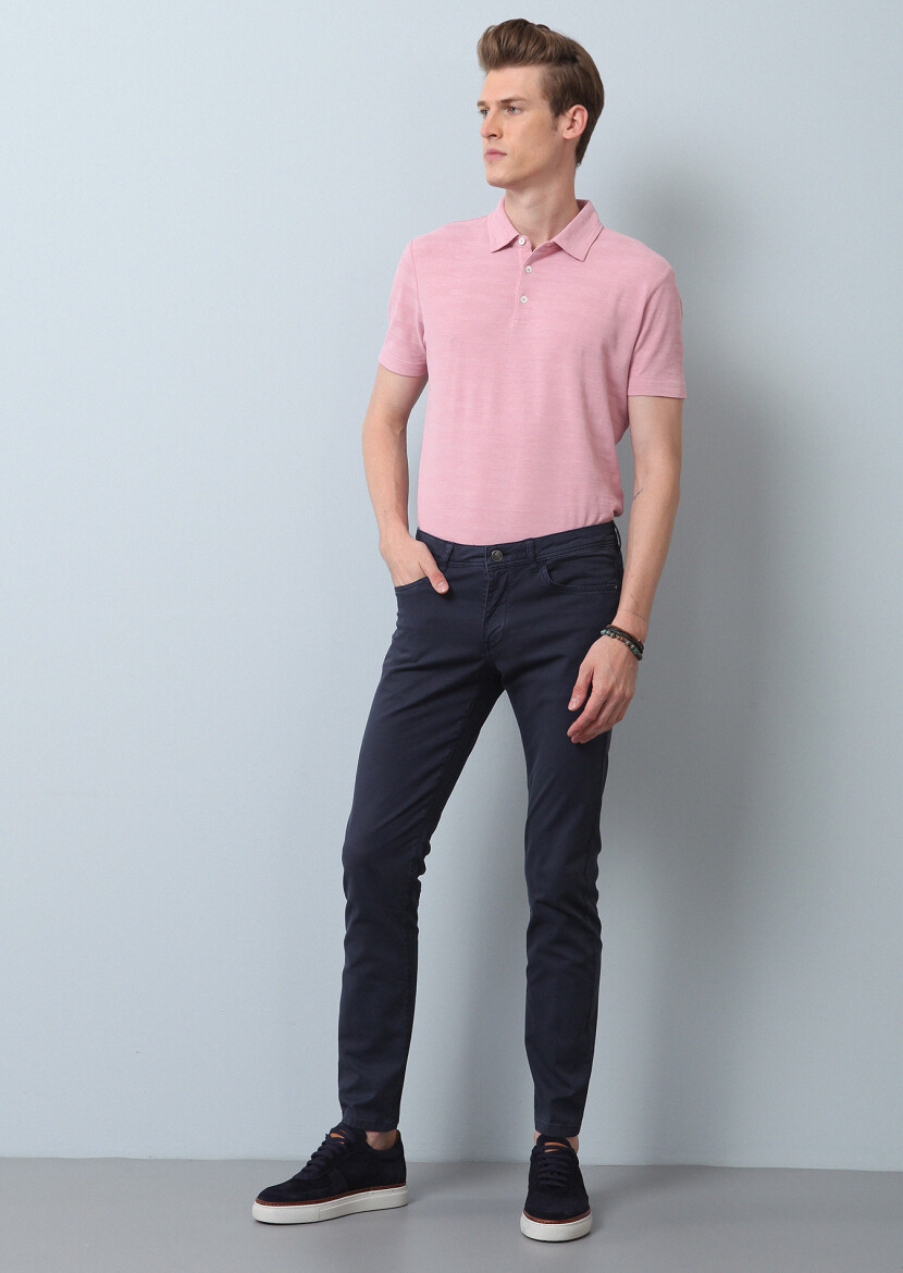 Navy Blue Weaving Slim Fit Casual Cotton Blended Trousers 