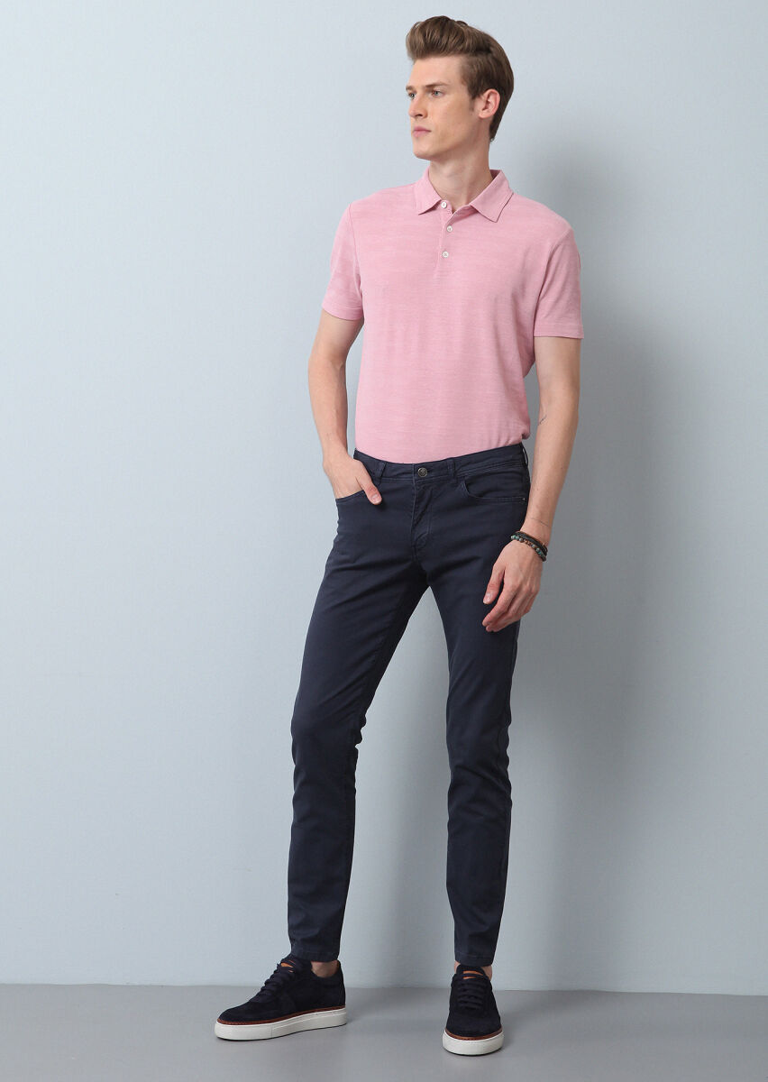 Navy Blue Weaving Slim Fit Casual Cotton Blended Trousers - 2