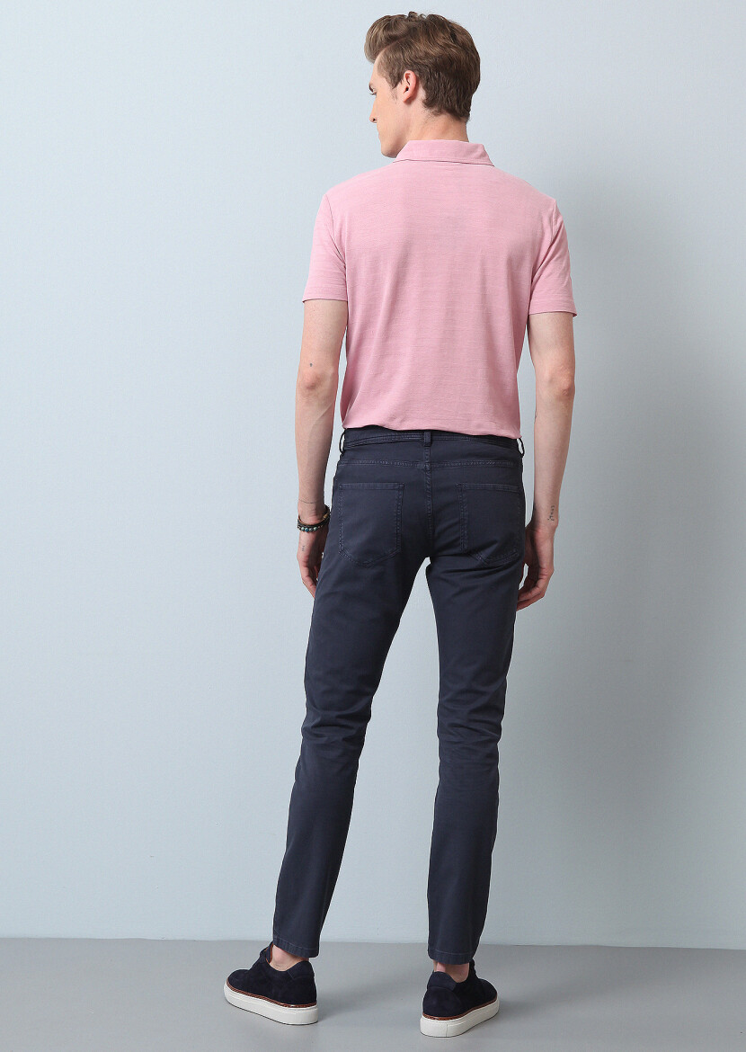 Navy Blue Weaving Slim Fit Casual Cotton Blended Trousers - 3